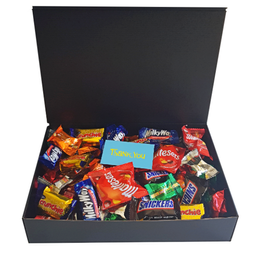 Large gift box filled to the brim with a mixture of mini fudge and funsize chocolate bars. Perfect for sharing!