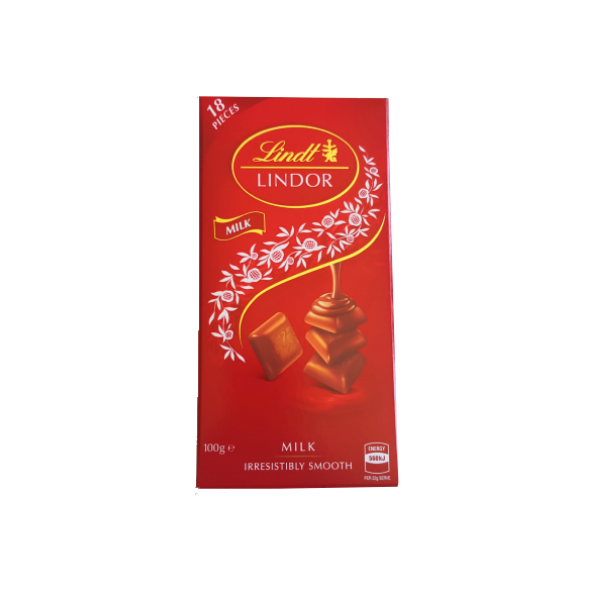 Luxurious looking red colour block of chocolate with gold detail showcasing Lindt Lindor brand. Milk chocolate