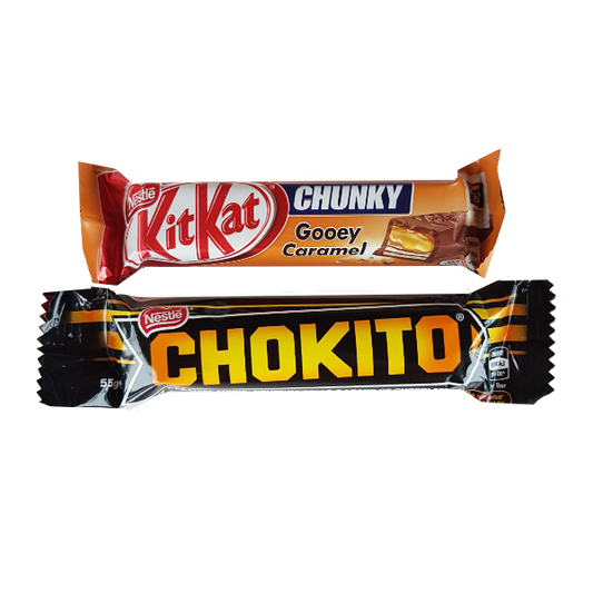 x2 full size chocolate bars, chokito and kit kat. Perfect add on to any present or choice to add to build your own gift box