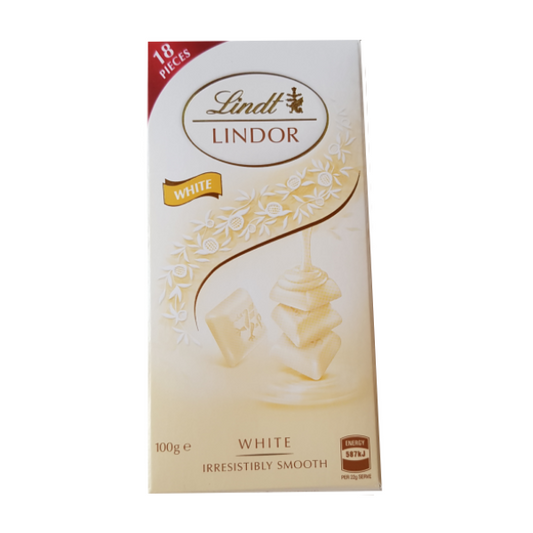 Lindt Lindor White Block Chocolate - white packet with gold and silver luxurious detailing