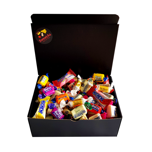 Black gift box filled with approx 100 wrapped lollies of varying flavours and brands