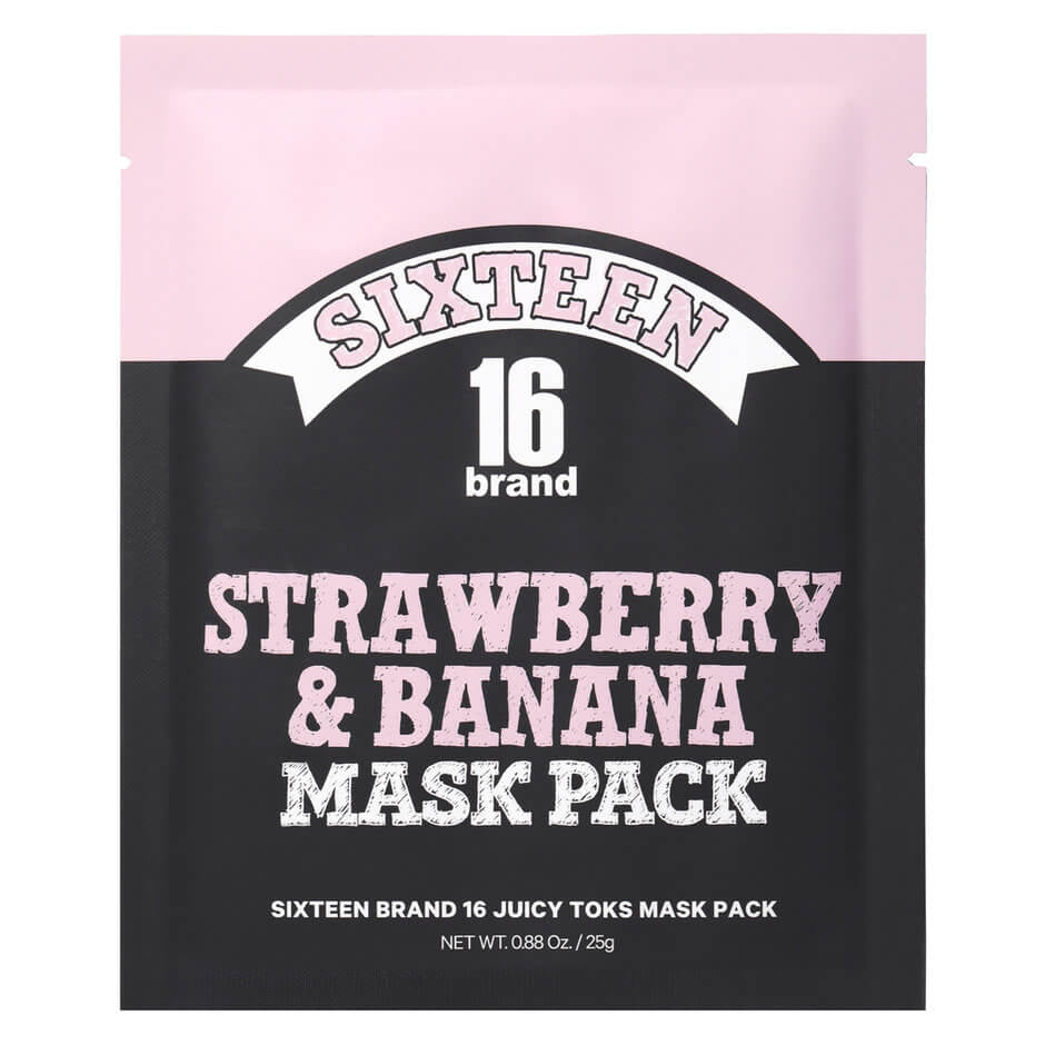 Pale pink and black flat package containing a strawberry and banana face cleansing mask. The brand is Sixteen