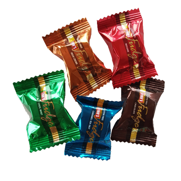 Five pieces of mixed Finns Fudge, various flavours in brightly coloured foil individual packaging