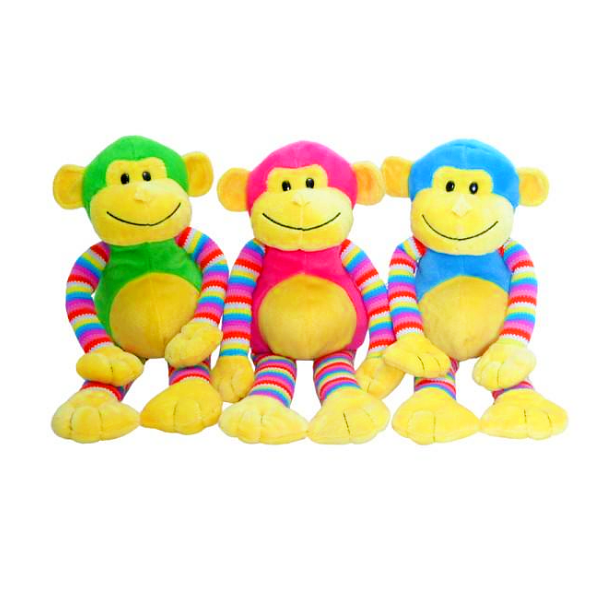 Three cheeky monkey soft toys in gree, pink and blue with yellow and rainbow coloured detailing.