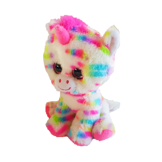 Large brightly coloured plush unicorn soft toy with pink detailing and rainbow patches on fur. Large googly eyes with pink glitter