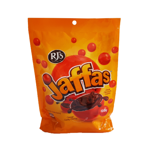 Large bag of bright orange RJ's branded Jaffas with reg jaffas on the package