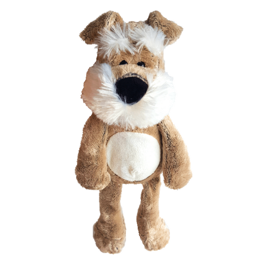 Soft plush toy with hanging legs and floppy ears. Light brown colour with white beard and belly