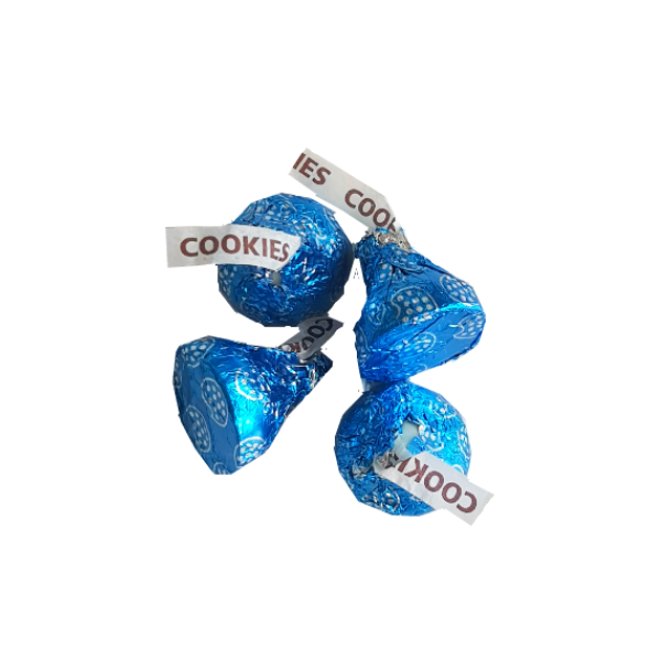 four individually wrapped hersheys kisses in blue foil with classic hersheys tags sticking out