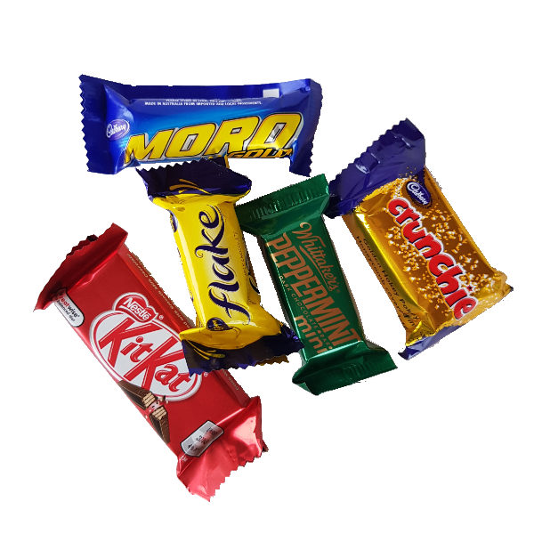 Five pieces of mixed fun sized chocolate bars, Whittakers, cadbury, nestle varieties
